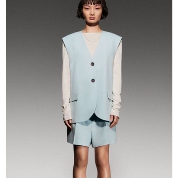Zara Lapeless Light Academia Blazer Vest Medium Sea Green NWT - Picture 8 of 8
